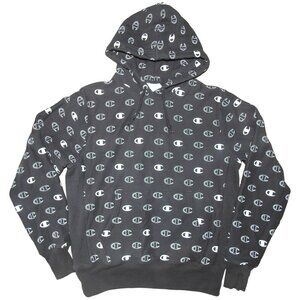 Champion Reverse Weave All Over Print Logo Pullover Hoodie Men's Medium Black
